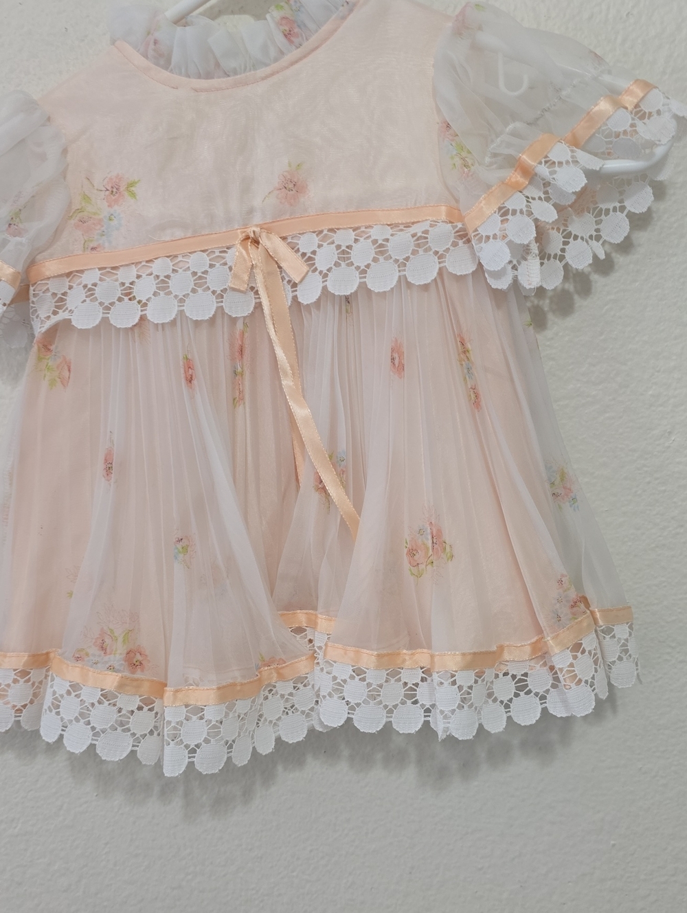 Peach Floral Lace Vintage Baby Dress with Ribbons 2T